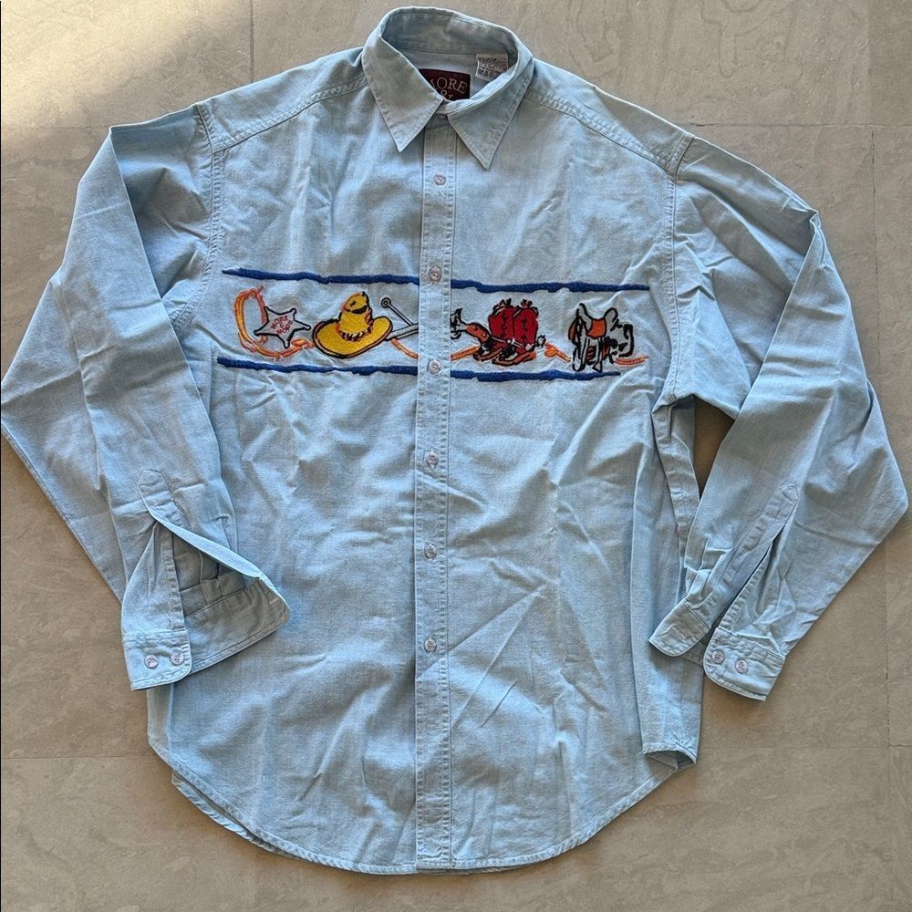 Vintage More and More Light Blue Embroidered western Shirt